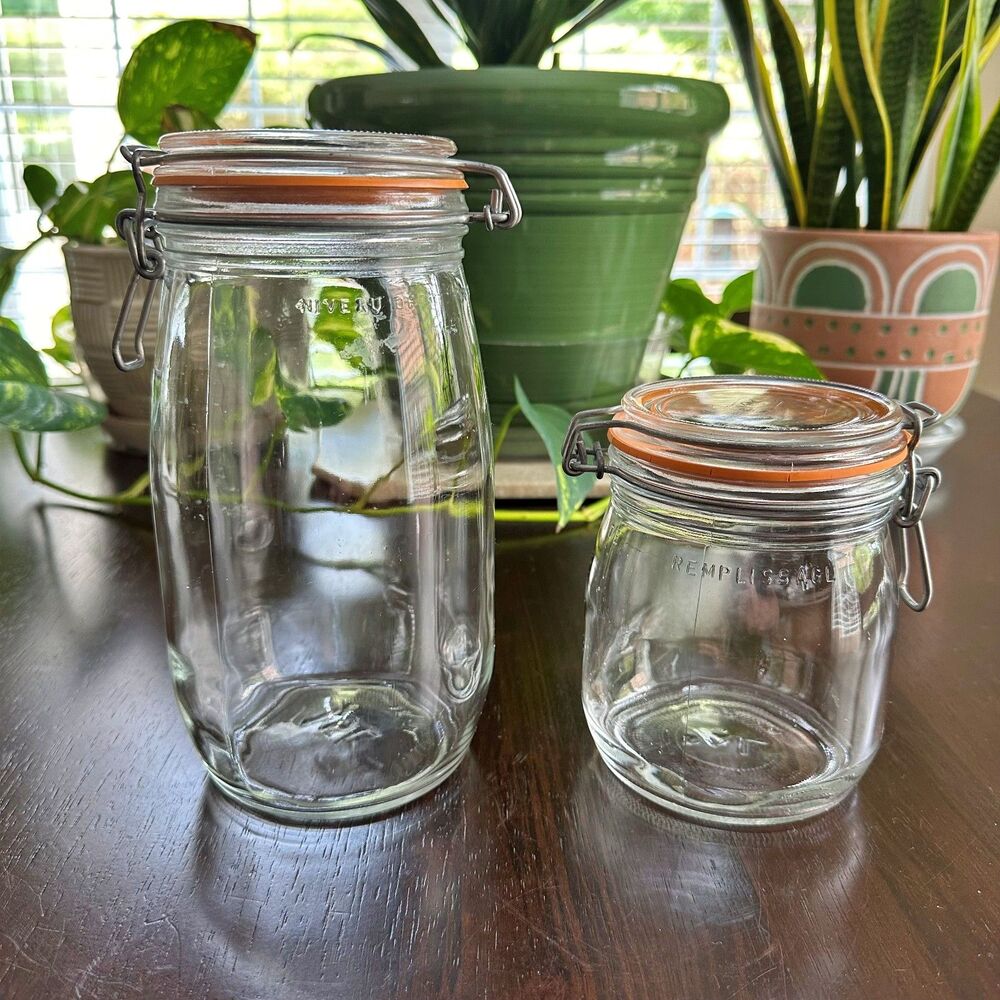 Vintage ARC Glass Clamp Lid Jars (Qty 2) France Apothecary Pantry Canisters
